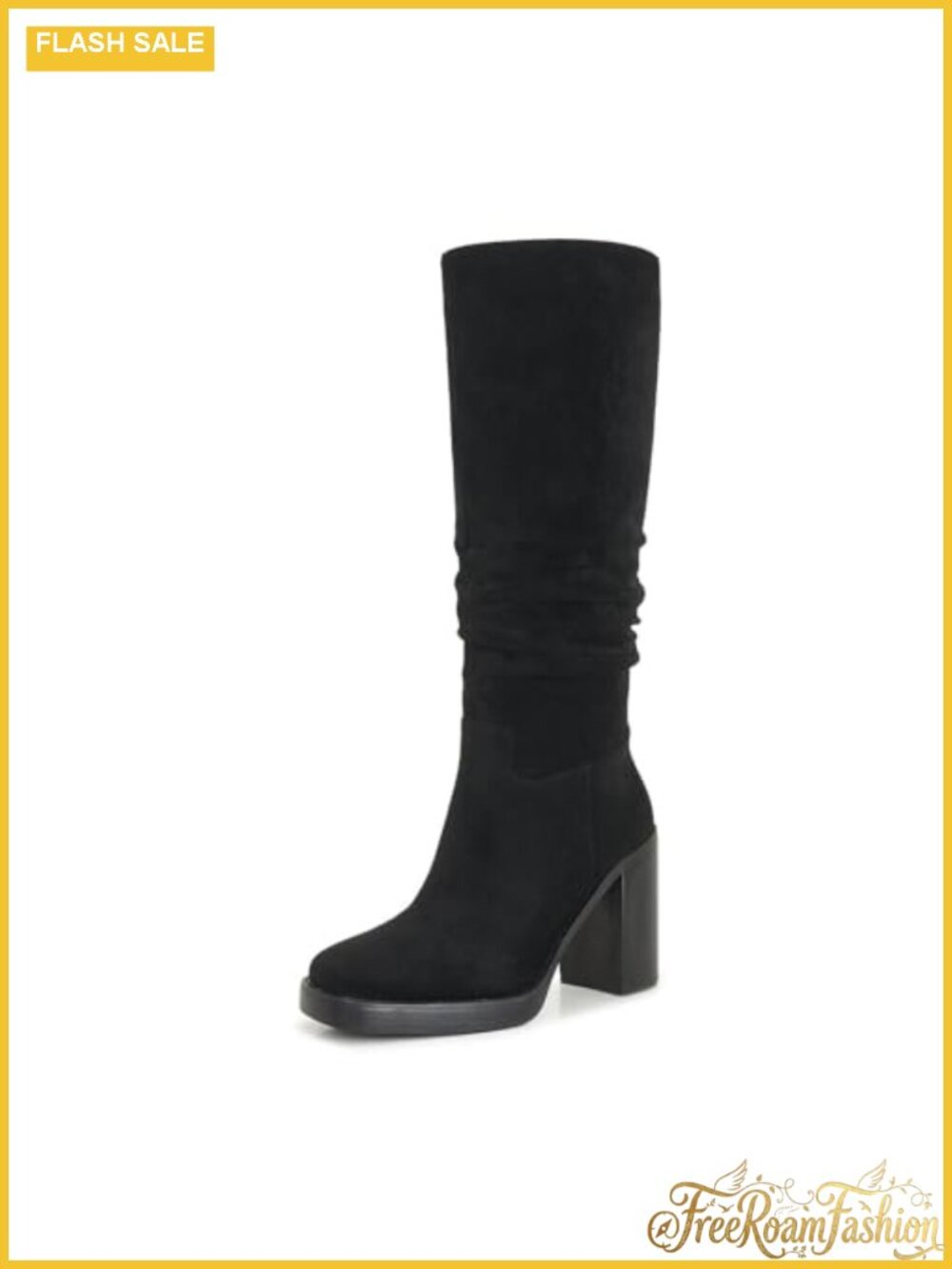 Platform Knee High Boots Faux Suede Chunky Heel Square Toe Tall Fall Winter